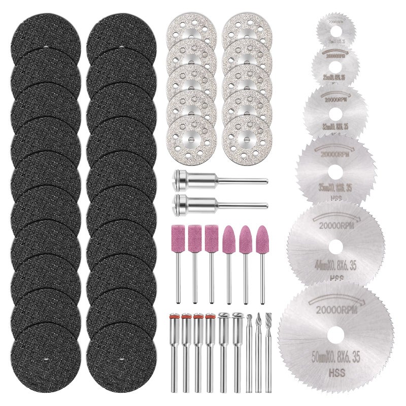 GOXAWEE 53pcs Cutting Wheel Set for Rotary Tool, GOXAWEE 1/8â€™â€™ Shank 545 Diamond Cutting Wheel, Mini HSS Cut Off Saw Blades, Resin Cutting Discs with Mandrels for Stone Wood Metal - Image 1